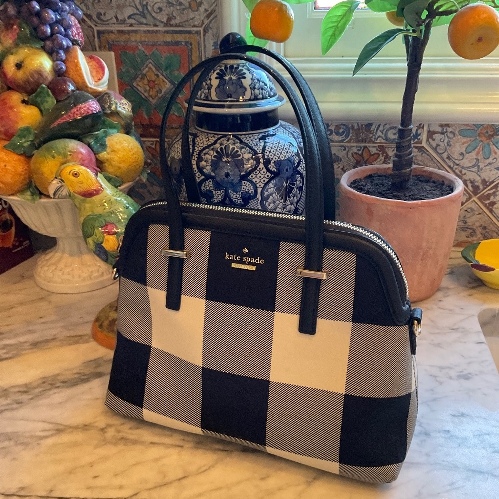 Kate Spade Large black and cream colored Check dome satchel bag
